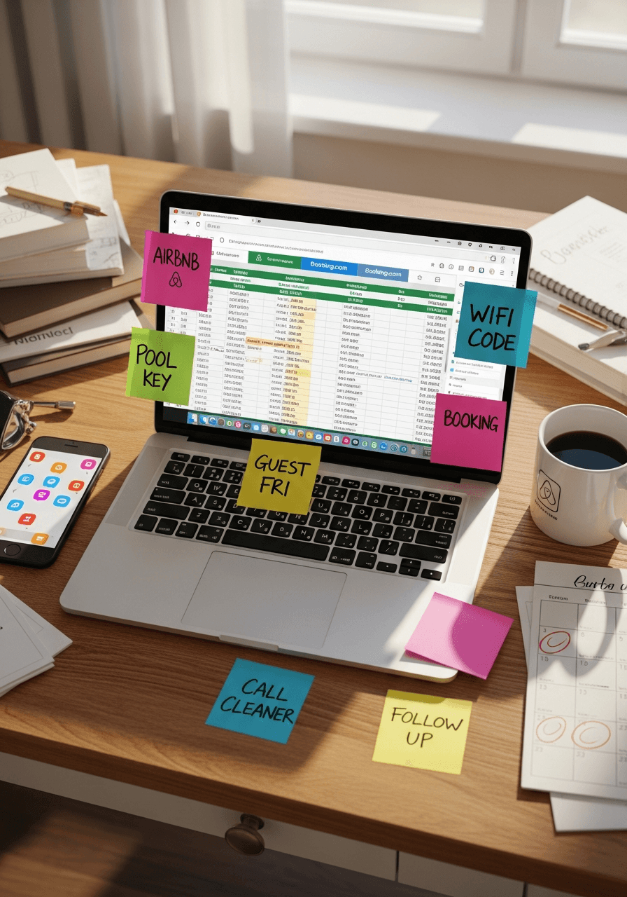 Before MyStayPal — cluttered desk with multiple tools