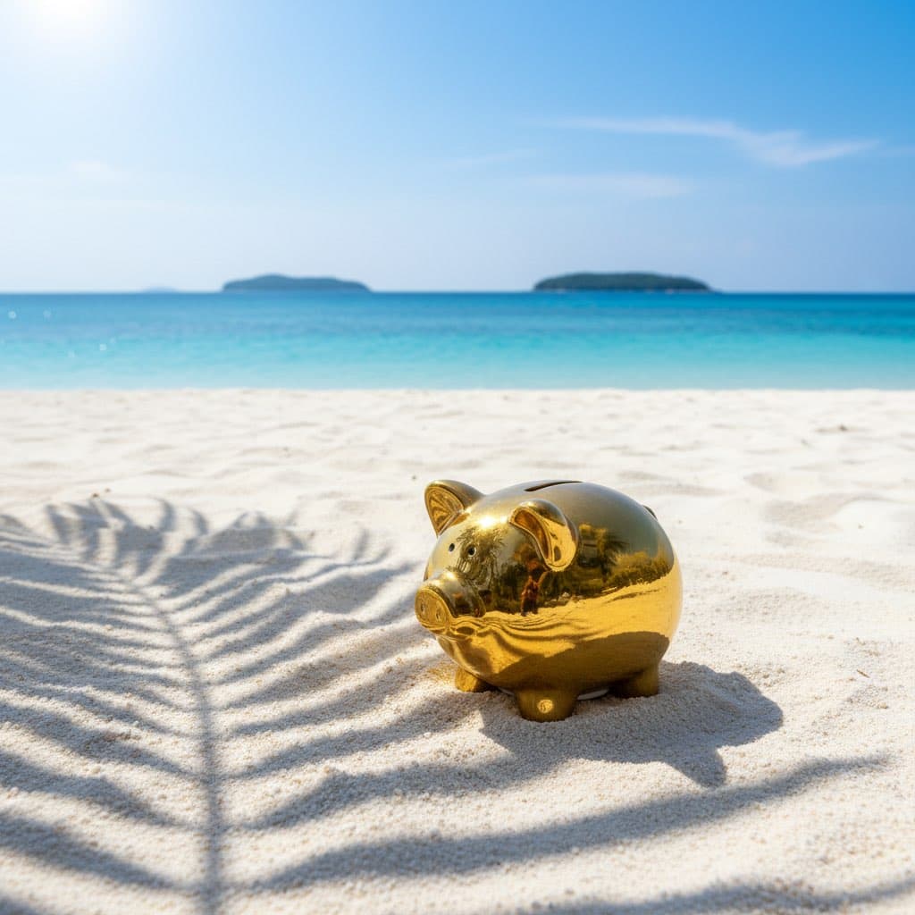 Golden piggy bank on tropical beach