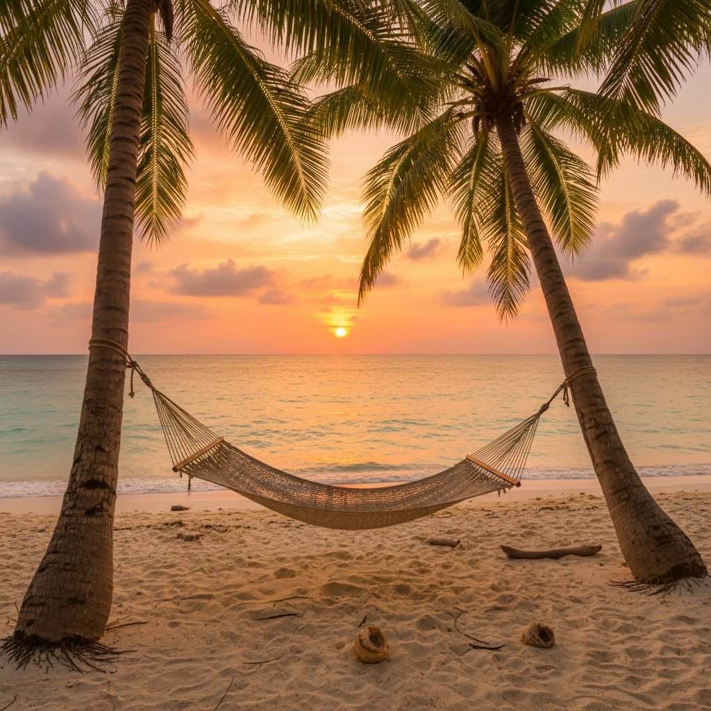 Hammock between palm trees at sunset