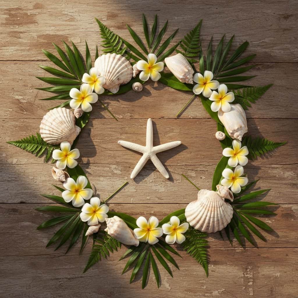 Tropical flat-lay with shells and frangipani