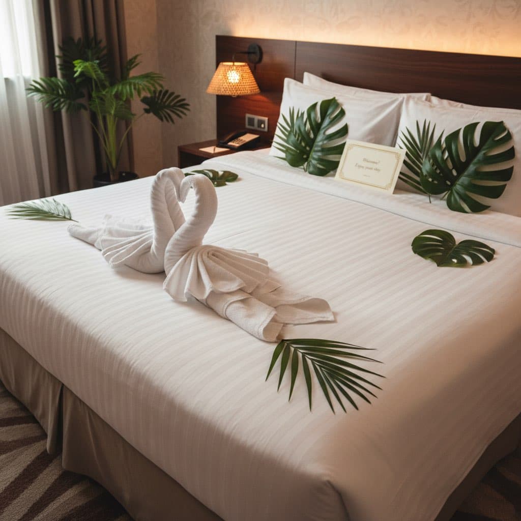 Boutique hotel bed with towel art and welcome note